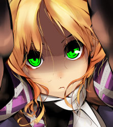 Rule 34 | 1girl, black shirt, blonde hair, blouse, brown shirt, closed mouth, commentary request, expressionless, green eyes, ichijou tatami, looking at viewer, mizuhashi parsee, portrait, scarf, shirt, short hair, solo, touhou, undershirt, white scarf