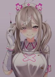 Rule 34 | 1girl, absurdres, ahoge, apron, bad id, bad twitter id, blush, breasts, buttons, closed mouth, dress, gloves, grey background, hair ornament, hair over one eye, hat, heart, highres, holding, holding syringe, large breasts, long hair, looking at viewer, mole, mole under eye, nijisanji, nurse, nurse cap, purple eyes, short sleeves, silver hair, simple background, smile, solo, sukoya kana, syringe, toshise., twintails, virtual youtuber, white apron, white dress, white gloves, wrist cuffs, x hair ornament