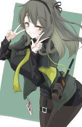 Rule 34 | 1girl, black pantyhose, cowboy shot, double v, girls&#039; frontline, green jacket, highres, id card, jacket, long hair, looking at viewer, pantyhose, pencil skirt, skirt, solo, star-shaped pupils, star (symbol), symbol-shaped pupils, ump40 (girls&#039; frontline), v