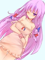 Rule 34 | 1girl, blush, bow, breasts, camisole, cleavage, female focus, hair bow, long hair, one eye closed, oshiruko (tsume), patchouli knowledge, purple eyes, purple hair, simple background, solo, strap slip, touhou, wink, wrist cuffs
