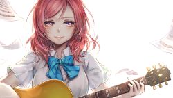 Rule 34 | 10s, 1girl, blush, bow, collared shirt, guitar, instrument, lma, long hair, looking at viewer, love live!, love live! school idol project, nishikino maki, paper, profile, red eyes, red hair, school uniform, sheet music, shirt, short sleeves, simple background, smile, solo, upper body
