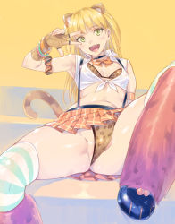 Rule 34 | 10s, 1girl, :d, animal ears, animal print, armpits, bikini, blonde hair, bracelet, breasts, brown gloves, bubuzuke, cameltoe, choker, cleavage, fang, fingerless gloves, gloves, green eyes, idolmaster, idolmaster cinderella girls, jewelry, jougasaki rika, leopard ears, leopard print, long hair, looking at viewer, navel, neck ribbon, open mouth, ribbon, sitting, skirt, small breasts, smile, solo, striped clothes, striped thighhighs, swimsuit, thighhighs, tongue, v over eye, w
