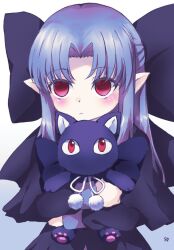 Rule 34 | 1girl, :&lt;, animal, black dress, blue background, blue hair, bow, cat, commentary, dress, empty eyes, frown, hair bow, holding, holding animal, holding cat, large bow, len (tsukihime), lo lis, long hair, pointy ears, red eyes, signature, solo, tsukihime, upper body