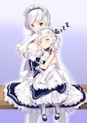 Rule 34 | 2girls, aged down, apron, azur lane, bare shoulders, belfast (azur lane), black footwear, blue eyes, blush, braid, grabbing another&#039;s breast, breasts, cleavage, closed eyes, closed mouth, corset, dress, dual persona, elbow gloves, french braid, frilled apron, frills, full body, gloves, grabbing, gradient background, hand on another&#039;s head, highres, large breasts, long hair, maid, maid headdress, mary janes, multiple girls, one side up, pantyhose, parted lips, purple background, schreibe shura, shoes, silver hair, sitting, sitting on lap, sitting on person, sleeping, sleeping upright, smile, very long hair, waist apron, white apron, white gloves, white legwear, zzz