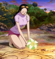Rule 34 | 1girl, breasts, closed eyes, flower, high heels, kneeling, large breasts, long hair, nico robin, one piece, outdoors, screencap, shirt, shorts, solo, sunglasses, sunglasses on head, thick thighs, thighs