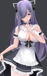 Rule 34 | 1girl, absurdres, apron, august von parseval (azur lane), august von parseval (the conquered unhulde) (azur lane), azur lane, between breasts, black dress, breasts, center opening, cleavage, cleavage cutout, clothing cutout, cross-laced clothes, cross-laced dress, curled horns, dress, finger to mouth, frilled apron, frilled dress, frills, grey background, hair over one eye, highres, horns, large breasts, long hair, mechanical horns, mr2ran, official alternate costume, purple eyes, purple hair, simple background, sleeveless, sleeveless dress, solo, strap between breasts, two-tone dress, white apron, white dress, white legwear