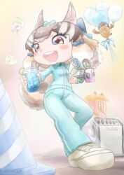 1girl absurdres acorn animal_ears balloon brown_eyes brown_hair chipmunk_ears chipmunk_girl chipmunk_tail cup drinking_straw extra_ears full_body highres holding holding_cup jersey kemono_friends kemono_friends_v_project ribbon saival_cat shoes short_hair siberian_chipmunk_(kemono_friends) tail virtual_youtuber