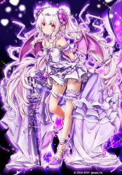 Rule 34 | 1girl, akino coto, armband, black background, company name, demon girl, demon wings, detached sleeves, dress, frills, full body, highres, horns, long hair, official art, original, purple dress, purple footwear, purple umbrella, red eyes, sidelocks, simple background, solo, standing, standing on one leg, thigh strap, twintails, umbrella, very long hair, white hair, wings