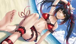 Rule 34 | 1girl, ;), alternate costume, arm up, beach, bikini, black hair, breasts, comiket 102, commentary request, crossed legs, date a live, dutch angle, eyewear on head, feet, hair ribbon, heart, heart-shaped eyewear, highres, large breasts, long hair, looking at viewer, navel, ocean, okitakung, one eye closed, outdoors, red bikini, red ribbon, ribbon, sandals, single sandal, sitting, smile, solo, sunglasses, swimsuit, thigh strap, toes, tokisaki kurumi, twintails, yellow eyes