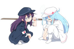 Rule 34 | &gt;:/, 10s, 2girls, :/, akatsuki (kancolle), arms between legs, black headwear, blue hair, cigarette, closed mouth, delinquent, closed eyes, flat cap, full body, hat, hibiki (kancolle), holding, kantai collection, long hair, looking at viewer, multiple girls, profile, purple hair, sitting, smoke, smoking, squatting, star (symbol), star print, sword, tonmoh, verniy (kancolle), very long hair, weapon, white background, white headwear, wooden sword
