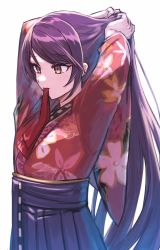 Rule 34 | 1girl, adjusting hair, aoki shizumi, brown eyes, commentary request, floral print, gundou mirei, gundou mirei (3rd costume), highres, japanese clothes, kimono, long hair, mouth hold, nijisanji, purple hair, simple background, solo, upper body, very long hair, virtual youtuber, white background, wide sleeves