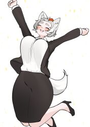 Rule 34 | 1girl, :3, absurdres, ahoge, alternate costume, animal ear fluff, animal ears, black footwear, black jacket, black skirt, blush, breasts, clenched hands, closed eyes, commentary request, fangs, full body, grey hair, hat, high heels, highres, inubashiri momiji, jacket, jumping, large breasts, long sleeves, office lady, open mouth, red hat, shirt, short bangs, short hair, simple background, skirt, smile, solo, tail, take (take143000), thick eyebrows, tokin hat, touhou, white background, white shirt, wolf ears, wolf girl, wolf tail
