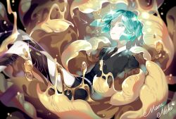 Rule 34 | 1other, androgynous, black neckwear, commentary request, ears visible through hair, green eyes, green hair, highres, houseki no kuni, looking at viewer, maruneko, phosphophyllite, shirt, short hair, short sleeves, solo, spoilers, striped clothes, striped legwear, striped thighhighs, thighhighs