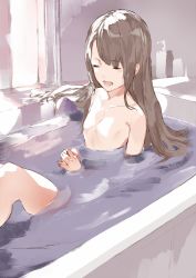 Rule 34 | 1girl, akiha (attract), bad id, bad pixiv id, bathing, bathroom, blush, brown hair, closed eyes, collarbone, fingers together, flat chest, highres, indoors, long hair, no nipples, open mouth, original, own hands together, smile, solo