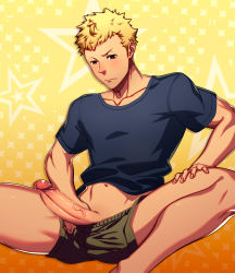 Rule 34 | 10s, 1boy, absurdres, blonde hair, erection, highres, lvlv, male focus, penis, persona, persona 5, sakamoto ryuuji, uncensored, yaoi