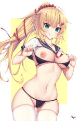 1girl absurdres ahoge akai_haato akai_haato_(casual) artist_name bikini black_bikini blonde_hair blue_eyes blush breasts commentary_request hair_ornament hair_ribbon heart heart_hair_ornament highres hololive long_hair looking_at_viewer messy_hair neps-l nipples ribbon simple_background smile solo swimsuit thighhighs tongue tongue_out virtual_youtuber white_background white_thighhighs yellow_background