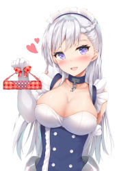 Rule 34 | 1girl, :d, azur lane, bare shoulders, belfast (azur lane), blush, braid, breasts, chain, cleavage, collar, commentary request, elbow gloves, french braid, gloves, hand up, heart, highres, holding, large breasts, long hair, looking at viewer, maid, maid headdress, open mouth, purple eyes, silver hair, simple background, smile, solo, tatsumiya kagari, upper body, white background, white gloves, wrapped bento