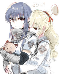 Rule 34 | 2girls, absurdres, angel beats!, armor, black hair, blonde hair, brown eyes, closed mouth, collared shirt, hair between eyes, hair ornament, hair ribbon, highres, holding, hug, key (company), long hair, long sleeves, looking at viewer, multiple girls, hugging object, ribbon, scared, scarf, school uniform, shiina (angel beats!), shirt, short sleeves, simple background, speech bubble, stuffed animal, stuffed toy, teddy bear, translation request, twintails, white background, white shirt, yusa (angel beats!), zuzuhashi