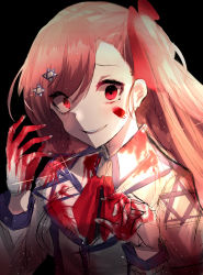 Rule 34 | 1girl, absurdres, bad id, bad pixiv id, blazer, blood, blood on face, blood on clothes, blood on hands, blush, bow, braid, breasts, collared shirt, crazy eyes, evil smile, girls&#039; frontline, gloves, glowing, glowing eyes, hair ornament, hairclip, hands up, hexagram, highres, jacket, long hair, long sleeves, looking at viewer, military, military uniform, negev (girls&#039; frontline), one side up, open mouth, pink hair, red bow, red eyes, shaded face, shirt, single braid, smile, solo, star of david, uniform, very long hair, white background, white gloves, yanggang
