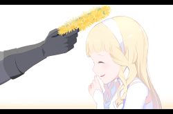 Rule 34 | 10s, 1girl, black gloves, blonde hair, blunt bangs, blush, braid, dress, elbow gloves, flower wreath, from side, gloves, hand up, head wreath, highres, holding, letterboxed, long hair, long sleeves, maquia (sayoasa), out of frame, parted lips, sayonara no asa ni yakusoku no hana wo kazarou, side braid, smile, solo focus, twin braids, upper body, usuaji, white background, white dress