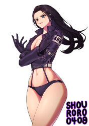 Rule 34 | 1girl, alternate costume, artist name, ass, black gloves, black hair, black jacket, breasts, brown eyes, cleavage, crossed arms, curvy, egghead island, eyelashes, floating hair, gloves, headphones, highres, jacket, large breasts, long hair, navel, nico robin, nico robin (egghead), official alternate costume, one piece, revealing clothes, shouroro, solo, standing, thighs, thong, white background, wide hips