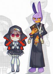 Rule 34 | 1boy, 1girl, alternate costume, bible (object), black eyes, book, brown hair, clenched teeth, colored sclera, commentary, gloves, height difference, highres, holding, holding book, jax (the amazing digital circus), jewelry, maplemersh26, necklace, nun, own hands together, pomni (the amazing digital circus), priest, red eyes, short hair, symbol-only commentary, teardrop, teeth, the amazing digital circus, thighhighs, white thighhighs, yellow gloves, yellow sclera