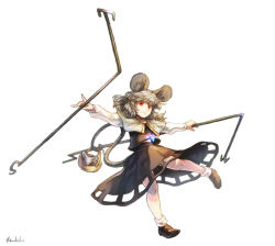 Rule 34 | 1girl, animal ears, basket, brown footwear, capelet, dowsing rod, full body, grey hair, grey skirt, grey vest, hashibi rokou, holding, holding with tail, jewelry, long sleeves, mouse (animal), mouse ears, mouse tail, nazrin, pendant, prehensile tail, red eyes, shirt, shoes, signature, simple background, skirt, solo, tail, touhou, vest, white background, white legwear, white shirt