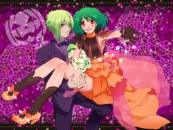 Rule 34 | 1boy, 1girl, ahoge, ai-kun, alternate costume, black gloves, bow, bowtie, brera sterne, brother and sister, carrying, cero (cerocero), cleavage cutout, clothing cutout, dress, flower, formal, gloves, green hair, high heels, highres, looking at viewer, macross, macross frontier, nail polish, official style, open mouth, orange dress, outstretched arm, princess carry, ranka lee, red eyes, see-through, short hair, siblings, smile, sparkle, tuxedo