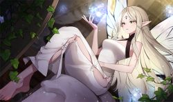 Rule 34 | 1girl, ankkoyom, arm up, barefoot, blonde hair, bravely default: brilliant lights, bravely default (series), breasts, commentary, dress, facial mark, fairy, fairy wings, feet, forehead, forehead mark, green eyes, highres, legs, light, long hair, lumina (bravely default), magic, pointy ears, smile, solo, thighs, toes, very long hair, white dress, wings