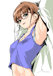 Rule 34 | 1girl, armpits, arms up, blue bra, blue shirt, bound, bound arms, bra, breasts, brown hair, covered erect nipples, glasses, green eyes, hassystants, highres, jacket, looking at viewer, medium breasts, midriff, navel, open clothes, open jacket, original, pink lips, red-framed eyewear, semi-rimless eyewear, shirt, simple background, solo, sweat, tank top, under-rim eyewear, underwear, white background, white jacket