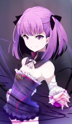Rule 34 | 1girl, bad id, bad twitter id, bare shoulders, black bow, black collar, blurry, blurry background, blush, bow, collar, commentary request, depth of field, detached collar, detached sleeves, dress, fate/grand order, fate (series), frilled dress, frills, grin, hair bow, helena blavatsky (fate), highres, long sleeves, looking at viewer, purple dress, purple eyes, purple hair, sefirot, smile, solo, standing, strapless, strapless dress, two side up, wada kazu, white bow