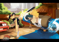Rule 34 | 1boy, 1girl, battle, bike shorts, black hair, blocking, breasts, chinese clothes, electricity, emphasis lines, fingerless gloves, flipped hair, gloves, high kick, highres, kicking, letterboxed, loose socks, lynn baker, motion blur, rage of the dragons, sash, short hair, shoulder pads, snk, socks, tovio rogers, wide sleeves, william lewis