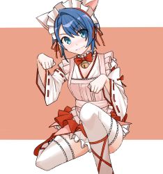 Rule 34 | 1girl, absurdres, aizawa kazuha, animal ears, ankle lace-up, apron, assault lily, bell, blue eyes, blue hair, blush, bow, bowtie, breasts, cat ears, cleavage, closed mouth, collar, commentary request, commission, cosplay, cross-laced footwear, embarrassed, fake animal ears, foot out of frame, frilled apron, frilled collar, frilled skirt, frills, hair between eyes, hair ribbon, hands up, highres, jingle bell, layered skirt, long sleeves, looking at viewer, maid headdress, miniskirt, neck bell, nose blush, on one knee, orange background, paw pose, pink apron, red bow, red bowtie, red footwear, red ribbon, red skirt, ribbon, ribbon-trimmed sleeves, ribbon trim, sasaki33916, shirt, shoes, short hair, skeb commission, skirt, solo, thighhighs, two-tone background, v-shaped eyebrows, wang yujia, wang yujia (cosplay), wavy mouth, white background, white collar, white shirt, white skirt, white thighhighs, wide sleeves