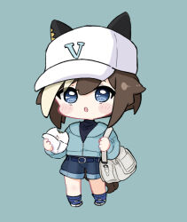 Rule 34 | 1girl, :o, animal ears, bag, baozi, baseball cap, blue background, blue eyes, blue footwear, blue jacket, blue shirt, blue shorts, blue socks, blush stickers, brown hair, cheval grand (umamusume), chibi, commentary request, food, full body, hat, highres, holding, holding food, horse ears, horse girl, horse tail, jacket, looking at viewer, multicolored hair, nozo (hitomiz), parted lips, ribbed socks, shirt, shoes, shorts, shoulder bag, simple background, socks, solo, standing, streaked hair, tail, umamusume, white hair, white hat