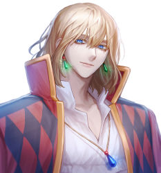 Rule 34 | 1boy, bishounen, blonde hair, blue eyes, blue gemstone, collarbone, collared shirt, colored eyelashes, earrings, gem, glint, glowing, glowing earrings, green gemstone, hair between eyes, high collar, highres, howl (howl no ugoku shiro), howl no ugoku shiro, jewelry, looking at viewer, male focus, mooraeng, pendant, portrait, shirt, short hair, simple background, smile, solo, white background, white shirt
