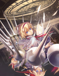 Rule 34 | 1girl, alice margatroid, blonde hair, blue eyes, book, capelet, doll, female focus, hairband, highres, lance, lin+, md5 mismatch, polearm, resolution mismatch, shanghai doll, short hair, solo, source smaller, spear, touhou, weapon