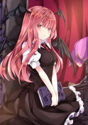 Rule 34 | 1girl, bat wings, black skirt, black vest, blush, book, breasts, closed mouth, collared shirt, demon girl, drawer, feet out of frame, hair between eyes, head wings, holding, holding book, indoors, koakuma, lamp, long hair, looking at viewer, medium breasts, nanase nao, necktie, petticoat, puffy short sleeves, puffy sleeves, red curtains, red eyes, red hair, red necktie, shirt, short sleeves, skirt, skirt set, solo, standing, touhou, v arms, very long hair, vest, white shirt, wings