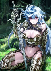 Rule 34 | 1girl, :o, armor, armored boots, between legs, bikini armor, blue hair, blush, boots, branch, breastplate, breasts, chestnut mouth, cleavage, forest, gauntlets, hikaru (atelier no note), holding, holding sword, holding weapon, long hair, mos, nature, navel, original, plant roots, pointy ears, ponsuke (pon00000), purple eyes, shoulder pads, solo, squatting, sword, thigh boots, thighhighs, tree, water, weapon