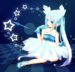 Rule 34 | 1girl, bare shoulders, blue eyes, blue hair, checkered floor, finger to mouth, floor, gloves, hatsune miku, long hair, matching hair/eyes, mikoko (mg2), sitting, skirt, solo, star (symbol), twintails, very long hair, vocaloid