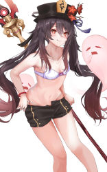 1girl, 351 rane, absurdres, bare shoulders, black headwear, black shorts, bra, bracelet, brown hair, collarbone, flower, genshin impact, ghost, hat, highres, hu tao, jewelry, long hair, looking at viewer, navel, panties, polearm, polearm behind back, red eyes, ring, shorts, simple background, smile, solo, stomach, symbol-shaped pupils, tongue, tongue out, twintails, underwear, very long hair, weapon, white background, white panties