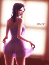 Rule 34 | 1girl, back, black hair, breasts, character name, chemise, cowboy shot, dress, holding, lips, long hair, looking at viewer, looking back, nico robin, one piece, see-through, smile, solo, zugan (berugkamp)