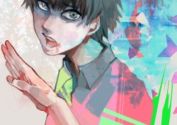 Rule 34 | 1boy, absurdres, black eyes, black hair, blood, blood on face, blue background, collared shirt, green background, grey shirt, hand up, highres, kaneki ken, kyuuba melo, looking at viewer, male focus, multicolored background, open mouth, shirt, short hair, teeth, tokyo ghoul, tokyo ghoul:re, tongue, upper body, upper teeth only