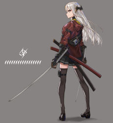 Rule 34 | 1girl, absurdres, braid, dual wielding, fingerless gloves, full body, gloves, glowstick, highres, holding, holding sword, holding weapon, jacket, katana, long hair, original, pleated skirt, red eyes, saya (scabbard), silver hair, simple background, skirt, solo, sword, thighhighs, weapon, wu lun wujin