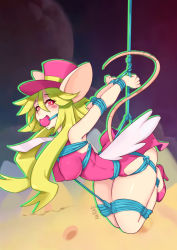 Rule 34 | 1girl, animal ears, ball gag, bdsm, blush stickers, bondage, bound, breasts, gag, gagged, green hair, hat, krakenparty, leotard, mad rat dead, mouse (animal), mouse ears, mouse girl, mouse tail, necktie, nippon ichi, rat god, red eyes, tail, top hat, wings