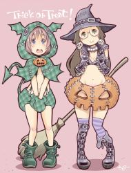 Rule 34 | 2girls, artist name, blue eyes, brown hair, covering privates, covering crotch, glasses, green eyes, hair ornament, halloween, hat, jack-o&#039;-lantern, long hair, midriff, multiple girls, no panties, original, revealing clothes, sekihan, short hair, signature, skull hair ornament, tail, trick or treat, witch hat