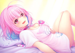 Rule 34 | 1girl, ahoge, bed, bed sheet, blue hair, blush, breasts, collar, crossed bangs, fang, hair between eyes, hair intakes, hand on own stomach, head on pillow, heart-shaped lock, heart on chest, idolmaster, idolmaster cinderella girls, knee up, large breasts, leg up, legs together, looking at viewer, lying, multicolored hair, nail polish, no pants, on back, on bed, open mouth, pill, pillow, pink collar, pink eyes, pink hair, pink nails, shirt, short hair, short sleeves, skeleton print, solo, t-shirt, tareme, thighs, tongue, two-tone hair, uzu hi, white shirt, yumemi riamu
