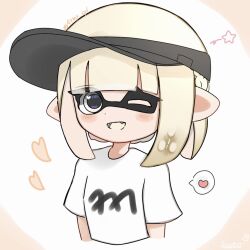 Rule 34 | 1girl, black eyes, black hat, brown background, commentary request, cropped torso, fang, hat, heart, highres, inkling, inkling girl, inkling player character, medium hair, miniusagi 0404, nintendo, one eye closed, open mouth, pointy ears, print shirt, shirt, smile, solo, splatoon (series), spoken heart, star (symbol), tentacle hair, two-tone background, upper body, visor cap, white background, white hair, white shirt