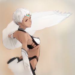 Rule 34 | 1girl, altera (fate), back, bare shoulders, breasts, dark skin, dark-skinned female, detached sleeves, expressionless, fate/grand order, fate (series), masato (mirai koubou), midriff, red eyes, short hair, solo, veil removed, white hair