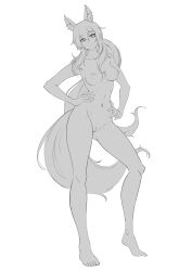 Rule 34 | 1girl, absurdres, animal ears, arknights, barefoot, breasts, cleft of venus, completely nude, greyscale, hair between eyes, hands on own stomach, highres, horse ears, horse girl, horse tail, long hair, medium breasts, monochrome, navel, nearl (arknights), nipples, nude, punnosalt, pussy, sketch, solo, tail