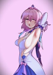Rule 34 | 1girl, absurdres, armpits, arms up, bare shoulders, bow, breasts, commentary, cowboy shot, dress, highres, hikamio, honkai: star rail, honkai (series), long hair, march 7th (honkai: star rail), medium breasts, official alternate costume, pink background, pink bow, pink hair, simple background, sleeveless, sleeveless dress, solo, spaghetti strap, standing, tiara